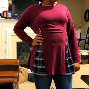 Women's/ Juniors. 90's style mini dress/tunic. Buffalo check, burgundy. XL.